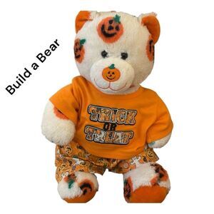 Build A Bear Pumpkin Bear White Orange Jack O Lantern Halloween Shirt 15"